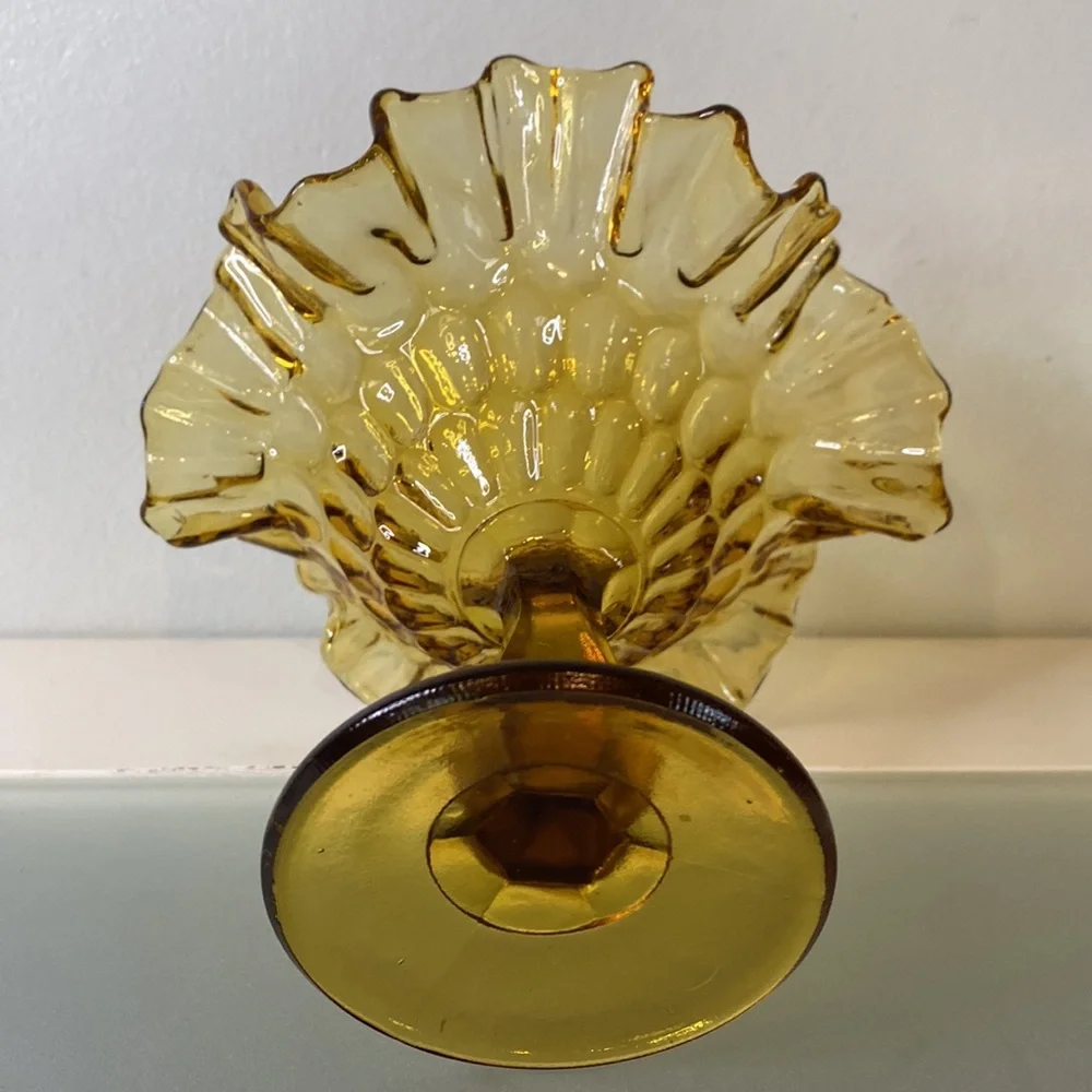 Vintage Fenton Colonial Thumbprint Amber Art Glass Footed Comote Candy Dish